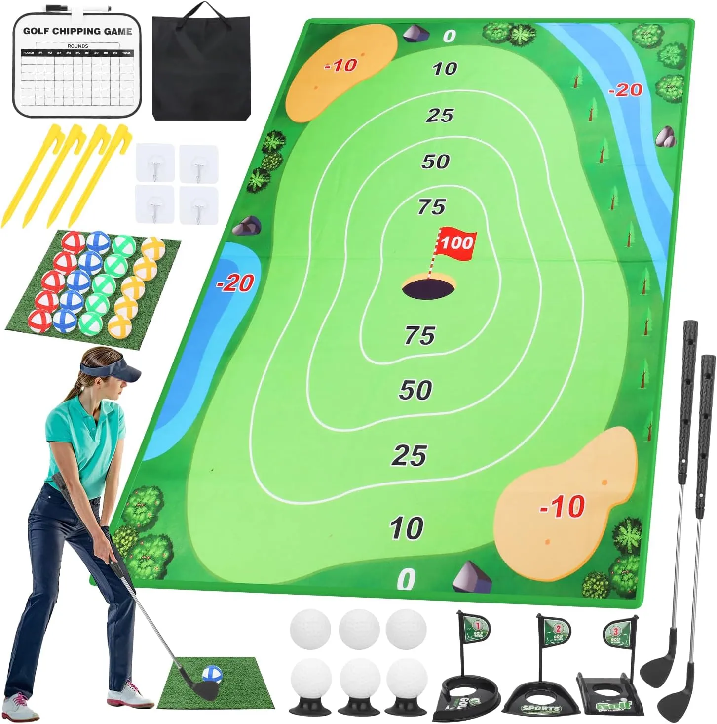 Chipping Golf Mat Set Indoor Outdoor, Backyard Games for Adults Kids Practice, Training Aid Equipment Stick Chip