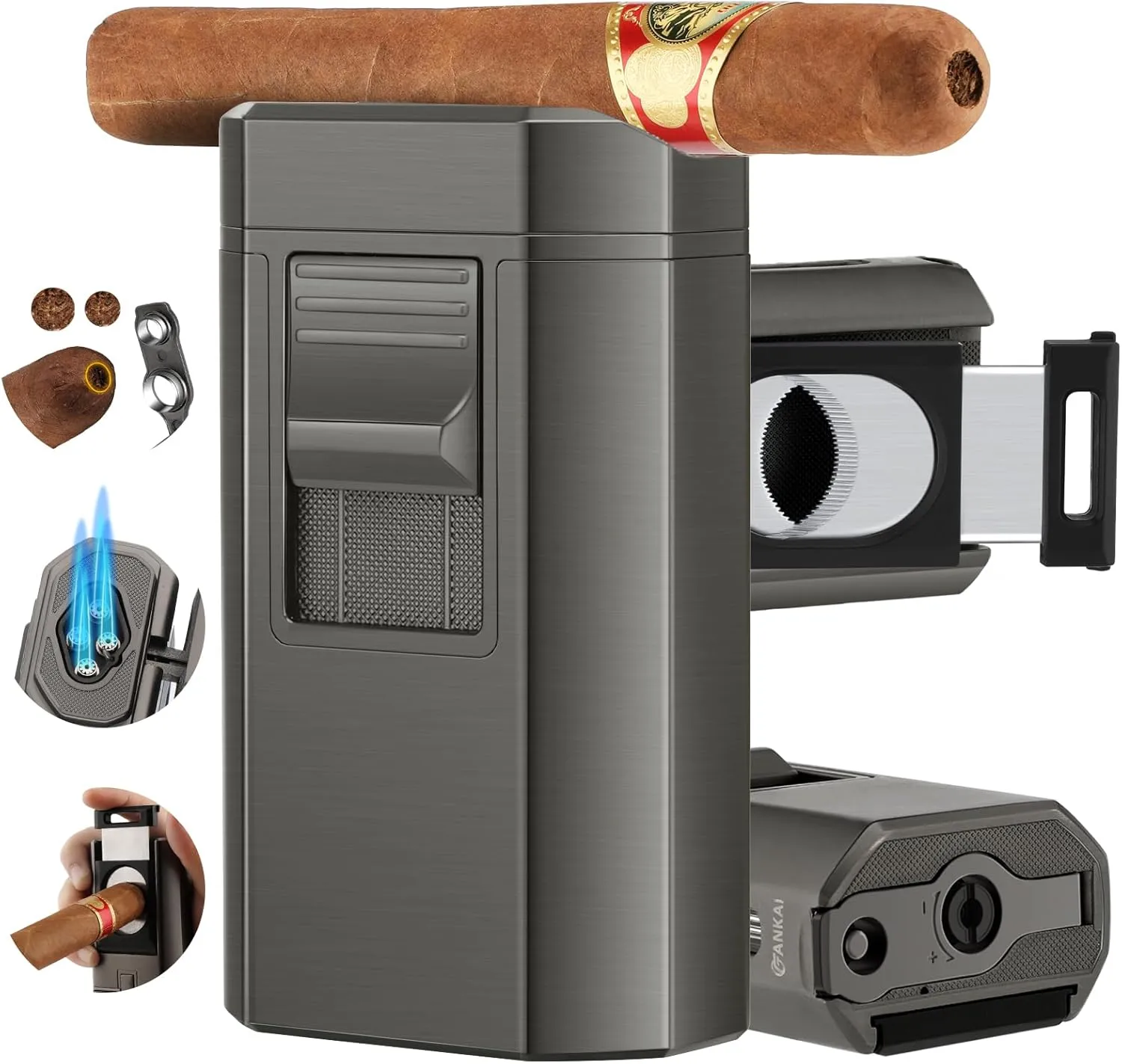 Cigar Lighter and Cigar Cutter Set, Torch Lighter with Dual Cigar Punch, Cigar Holder Cigar Accessories, Refillable Butane Lighter, Cigar Lighters Torch, Luxury Cigar Gift for Men