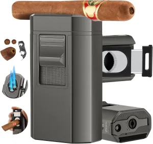 Cigar Lighter and Cigar Cutter Set, Torch Lighter with Dual Cigar Punch, Cigar Holder Cigar Accessories, Refillable Butane Lighter, Cigar Lighters Torch, Luxury Cigar Gift for Men