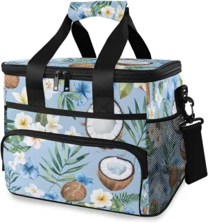 Coconut Tropical Flowers Leaves Blue Cooler Bag Insulated Cooler Soft Sided Cooler 24 Can Portable Picnic Bag Large Leakproof Lunch Bag Box for Beach Grocery Camping Travel Car Men Women