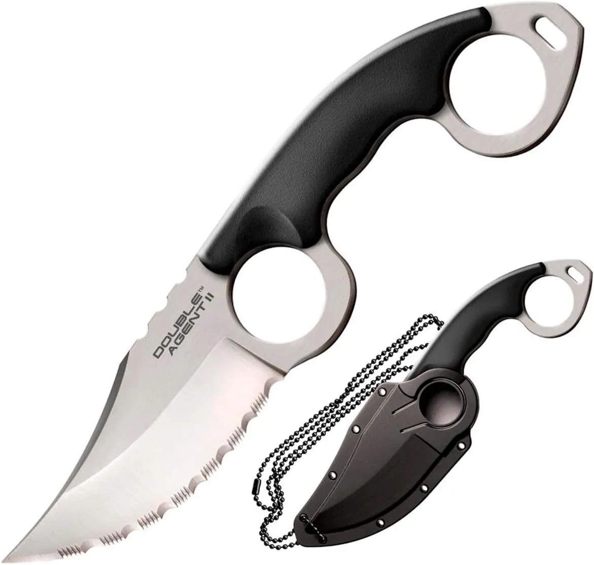 Cold Steel Double Agent II Serrated Edge Durable Lightweight Japanese AUS8A Steel Clip Point Shape 3" Fixed Blade Tactical Outdoor Hunting Knife, Griv-Ex Handle, Secure-Ex Sheath