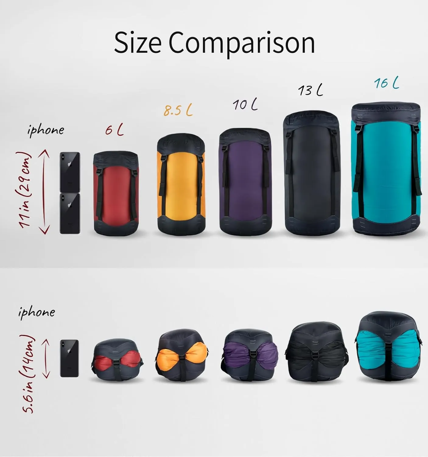 Compression Stuff Sack 6L, 8.5L, 10L, 13L, 16L, Water Resistant Lightweight Compact with Ripstop Fabric Sleeping Bag Sack with Drawstring Closure for Camping, Backpacking, Traveling(E638)