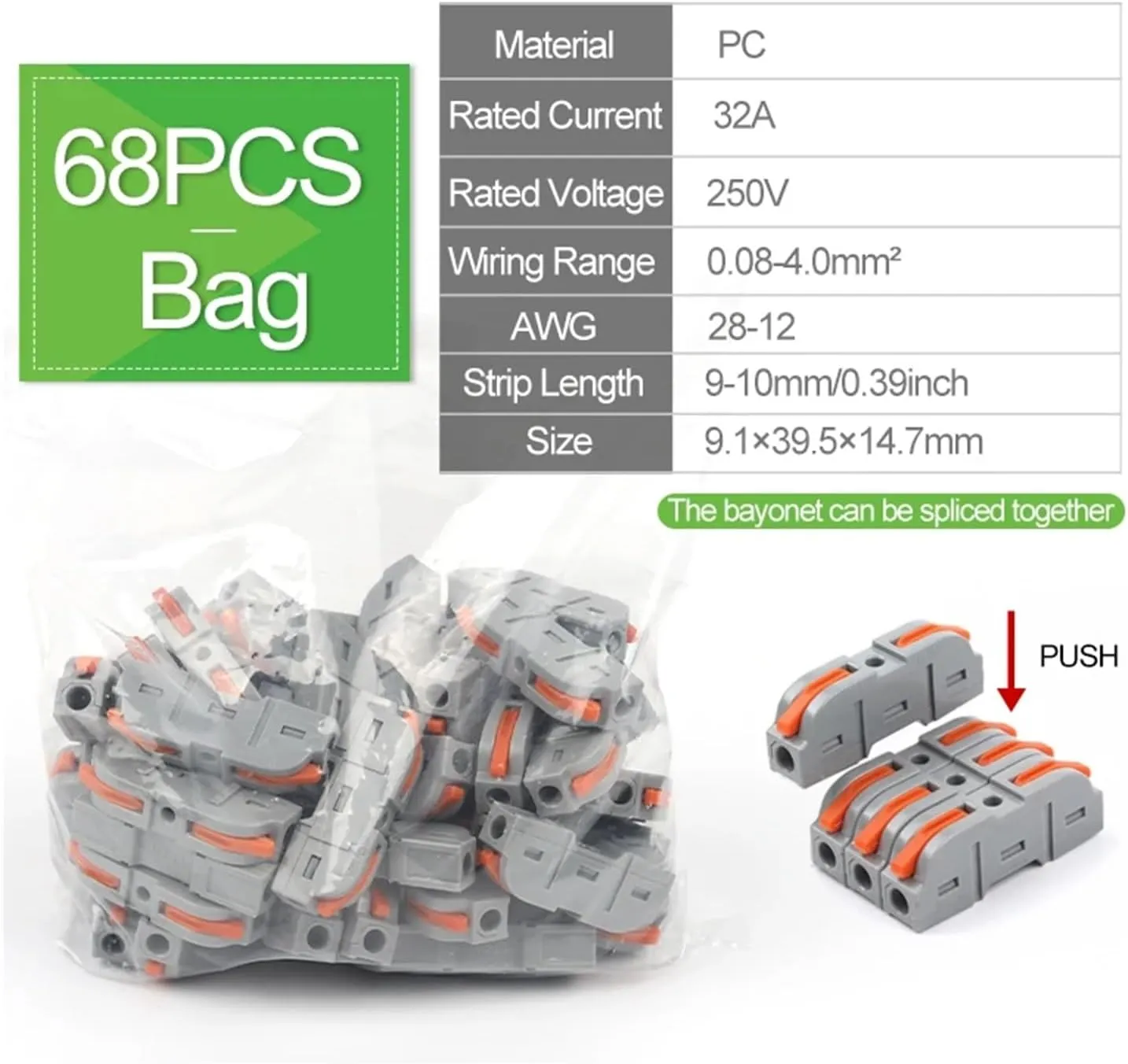 Connector Terminal Block Multiplex Butt Wire Connector Compact Electrical Cable Terminal Block Home Wiring Connectors Junction Box(68PCS Bag)