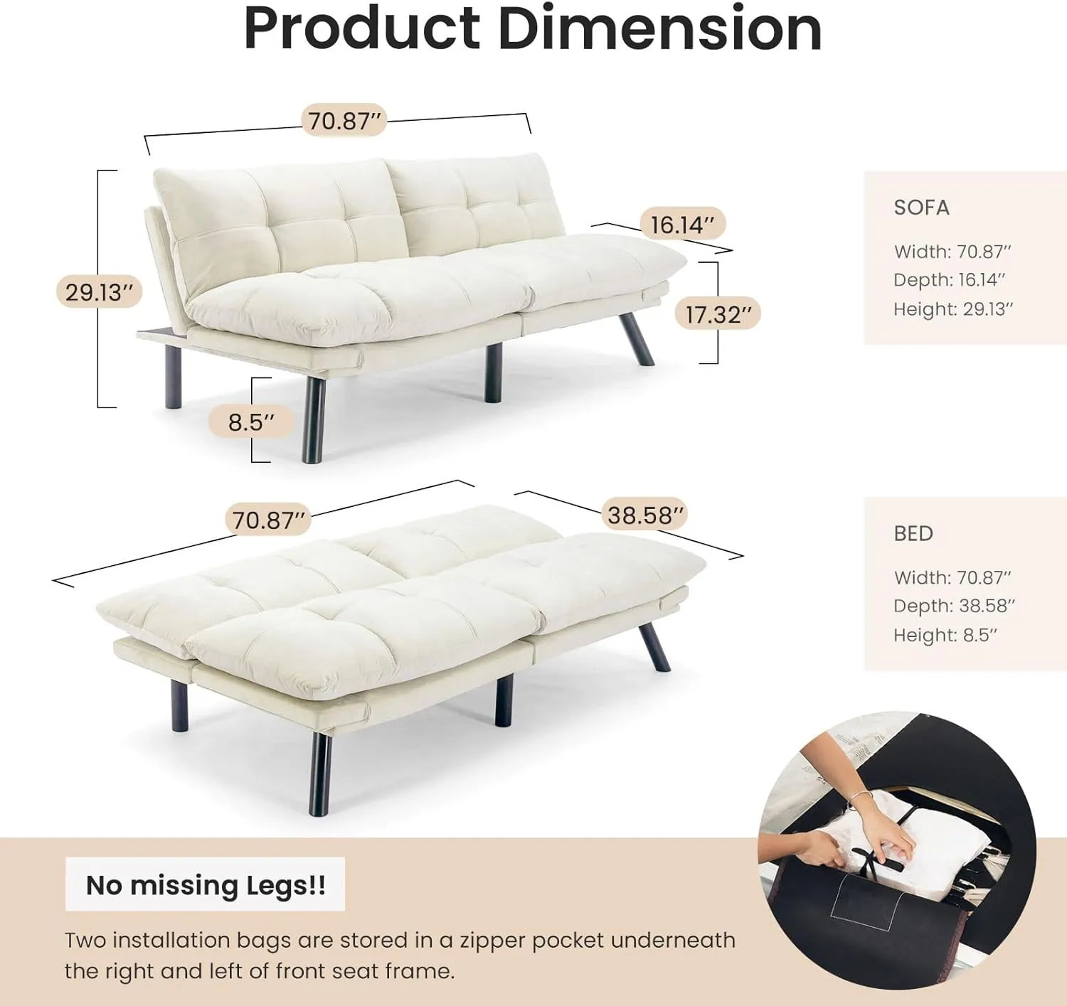 Convertible Futon Sofa Bed, 71" Comfy Loveseat Sleeper Sofa, 7" Thicken Cushion, Comfy Velvet Twin Size Futon Couch Bed for Small Space Bedroom Dorm Office