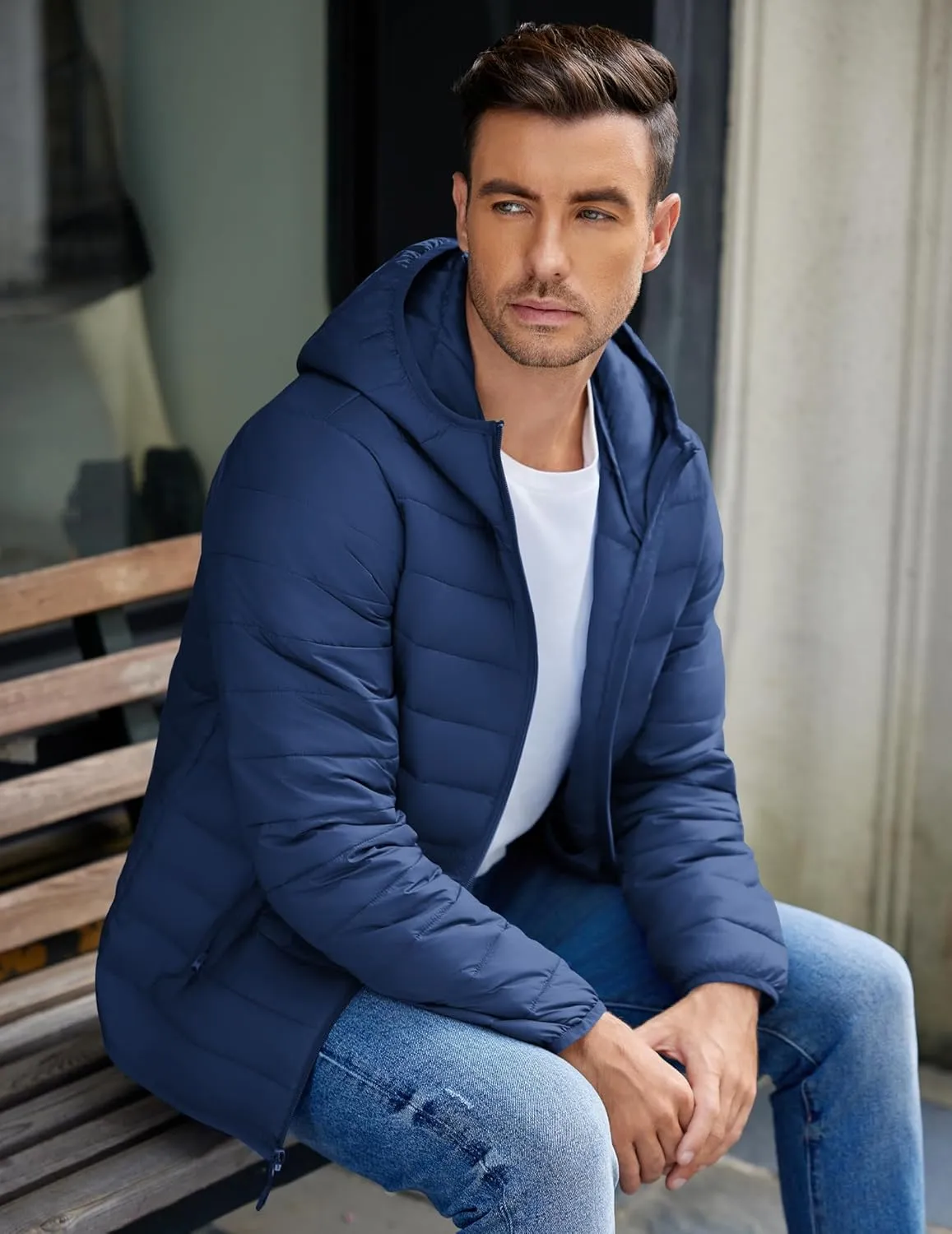 COOFANDY Mens Packable Puffer Jacket Lightweight Hooded Insulated Winter Coat Windproof Zipper Down Jacket