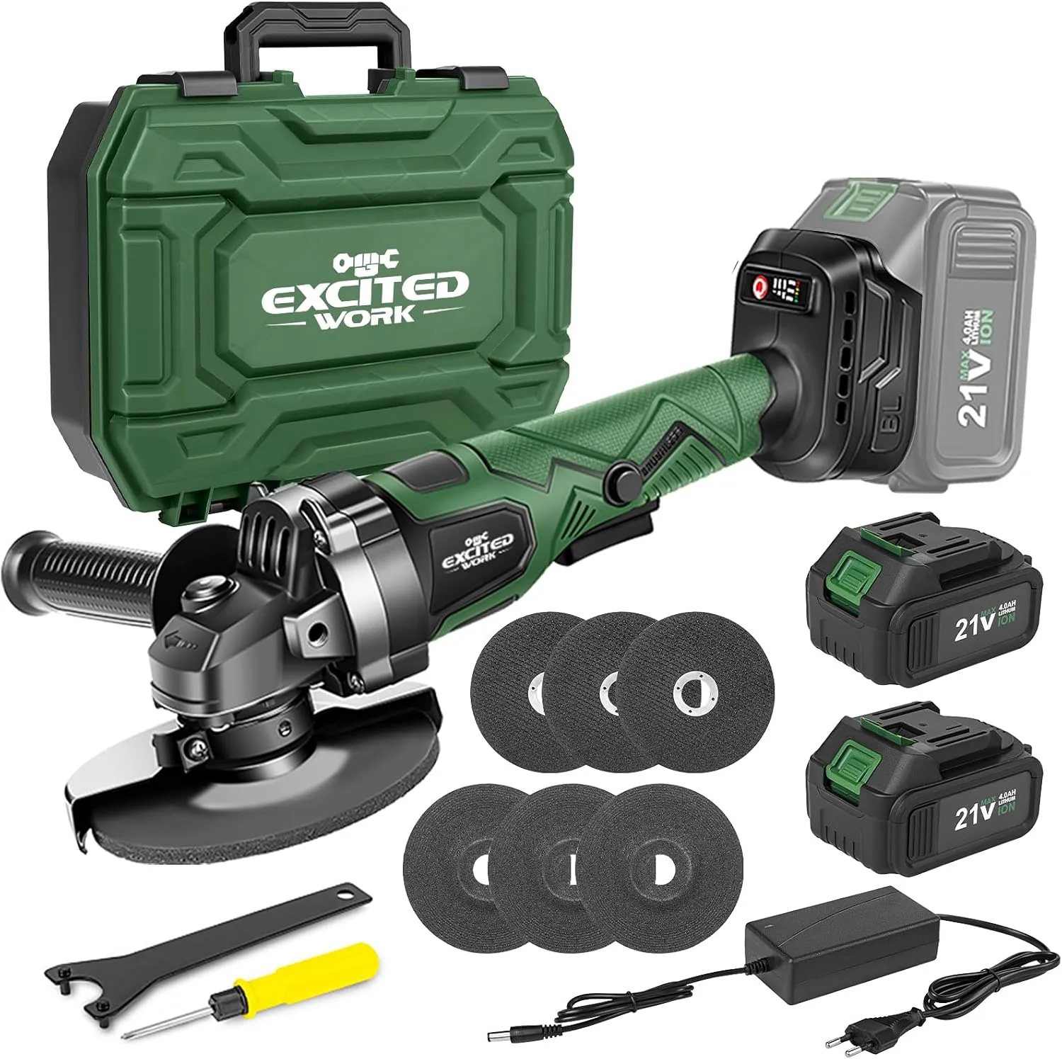 Cordless Angle Grinder, 20V 5 inch Electric Grinder Power Tools with 2X4.0Ah Battery, Adjustable Handle,Brushless Motor for Polishing, Grinding & Cutting