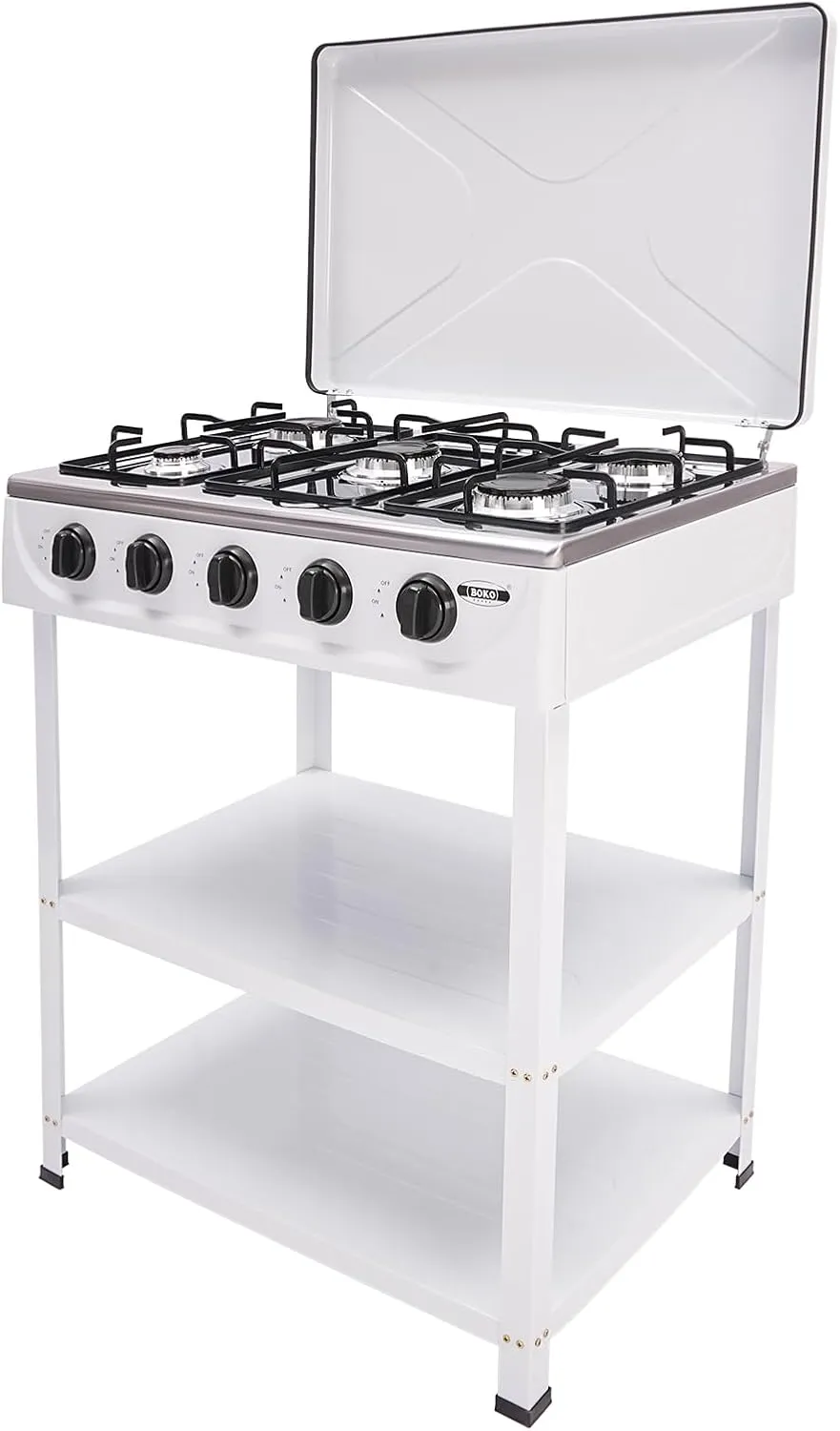 Countertop Natural Gas Stove 5 Burner, Commercial Kitchen Cooking Stove Set with Support Leg Stand, Wind Blocking Cover and Storage Shelves Restaurant Gas Stove for Patio, RV, Camping (White)