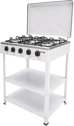 Countertop Natural Gas Stove 5 Burner, Commercial Kitchen Cooking Stove Set with Support Leg Stand, Wind Blocking Cover and Storage Shelves Restaurant Gas Stove for Patio, RV, Camping (White)