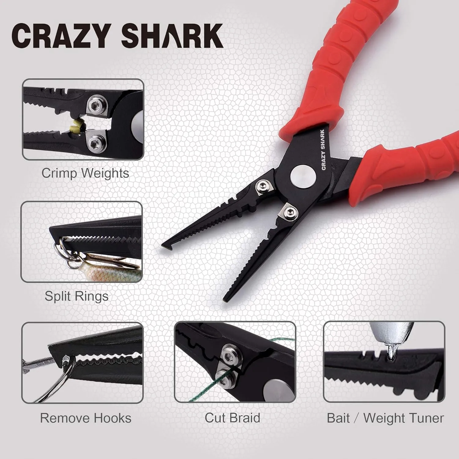 CRAZY SHARK Fishing Pliers, Stainless Steel Fishing Tools, Saltwater Resistant Fishing Gear, Tungsten Carbide Cutters, Split Ring Pliers, Hook Remover with Coiled Lanyard and Sheath
