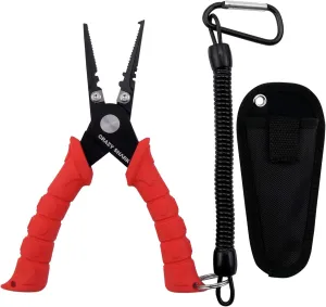 CRAZY SHARK Fishing Pliers, Stainless Steel Fishing Tools, Saltwater Resistant Fishing Gear, Tungsten Carbide Cutters, Split Ring Pliers, Hook Remover with Coiled Lanyard and Sheath
