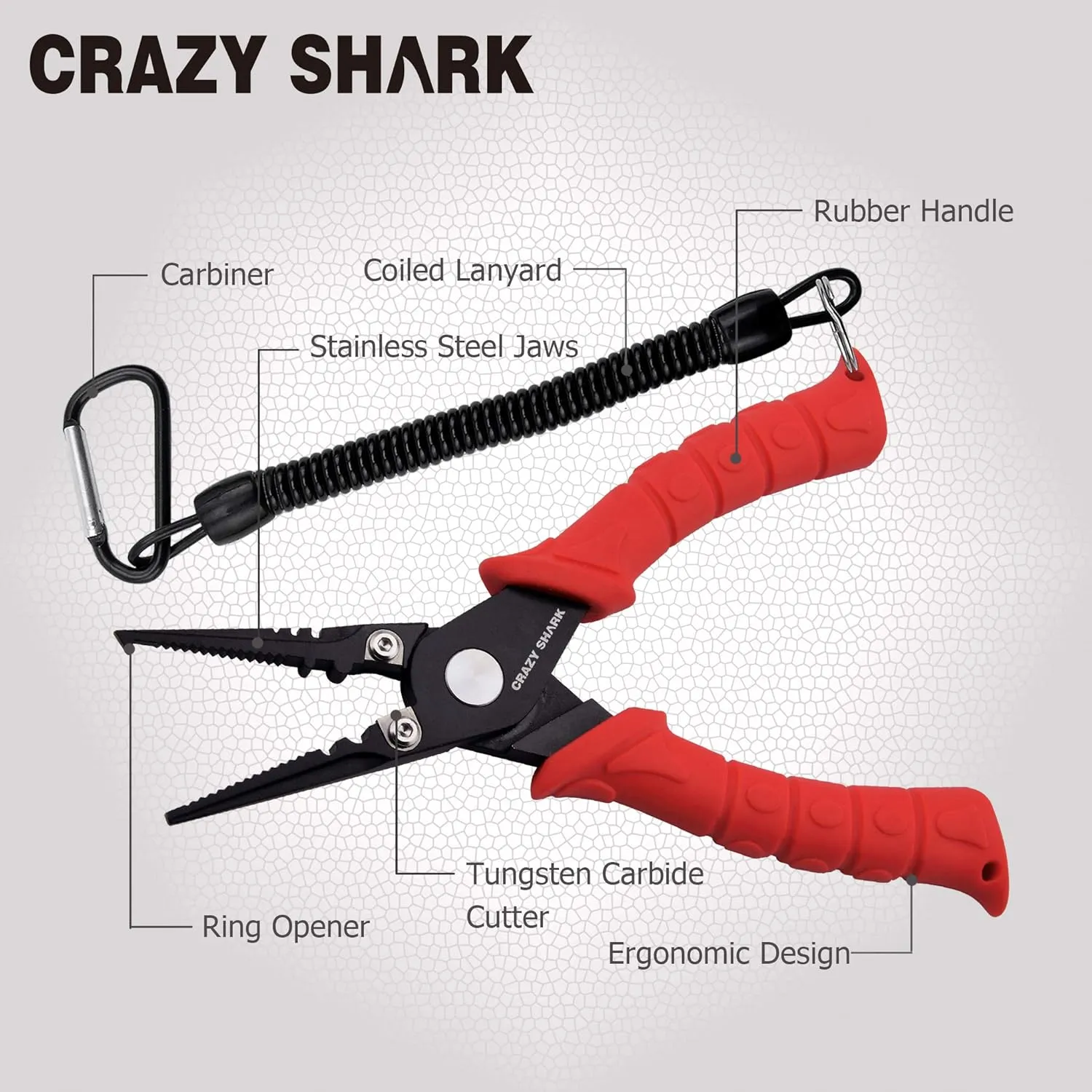 CRAZY SHARK Fishing Pliers, Stainless Steel Fishing Tools, Saltwater Resistant Fishing Gear, Tungsten Carbide Cutters, Split Ring Pliers, Hook Remover with Coiled Lanyard and Sheath