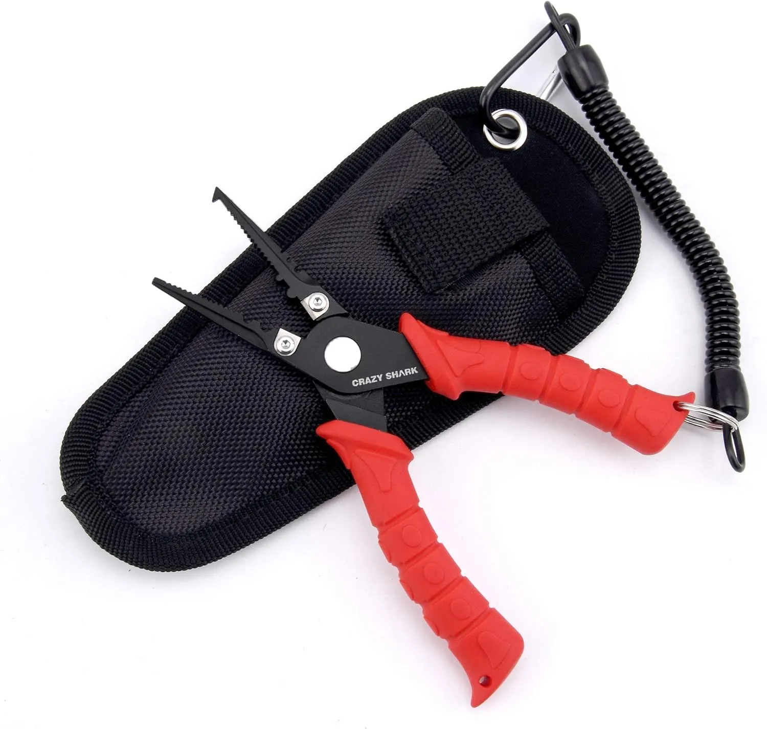 CRAZY SHARK Fishing Pliers, Stainless Steel Fishing Tools, Saltwater Resistant Fishing Gear, Tungsten Carbide Cutters, Split Ring Pliers, Hook Remover with Coiled Lanyard and Sheath