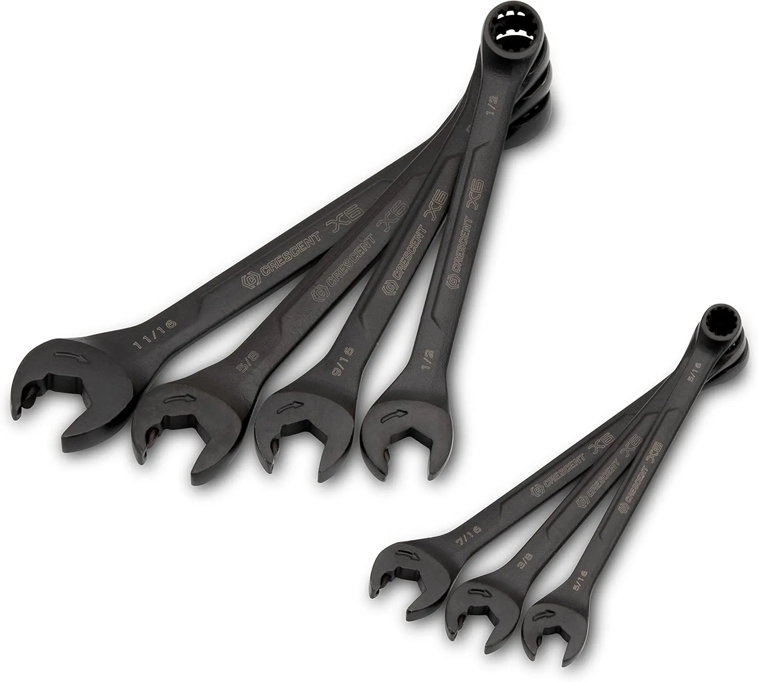 Crescent 7 Piece X6 Black Oxide Spline Open End Ratcheting Combination SAE Wrench Set - CX6RWS7