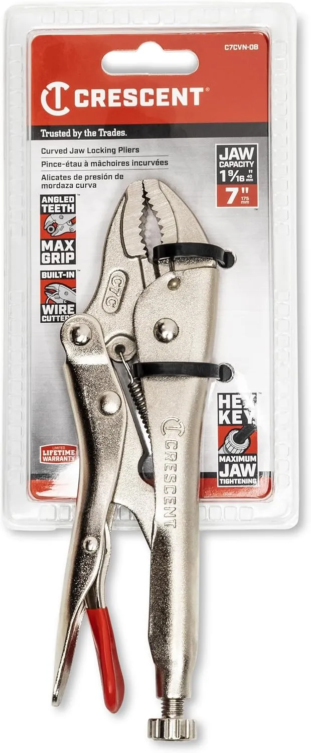 Crescent Curved Jaw Locking Pliers with Wire Cutter - Home DIY & Professional Mechanic Hand Tool for Nuts & Bolts, Cables, Wires - 7" - C7CVN