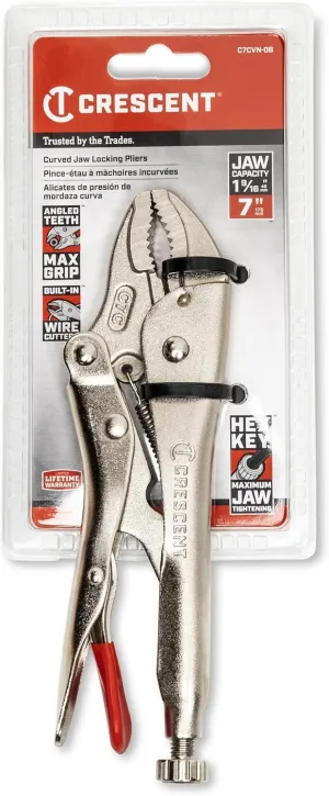 Crescent Curved Jaw Locking Pliers with Wire Cutter - Home DIY & Professional Mechanic Hand Tool for Nuts & Bolts, Cables, Wires - 7" - C7CVN