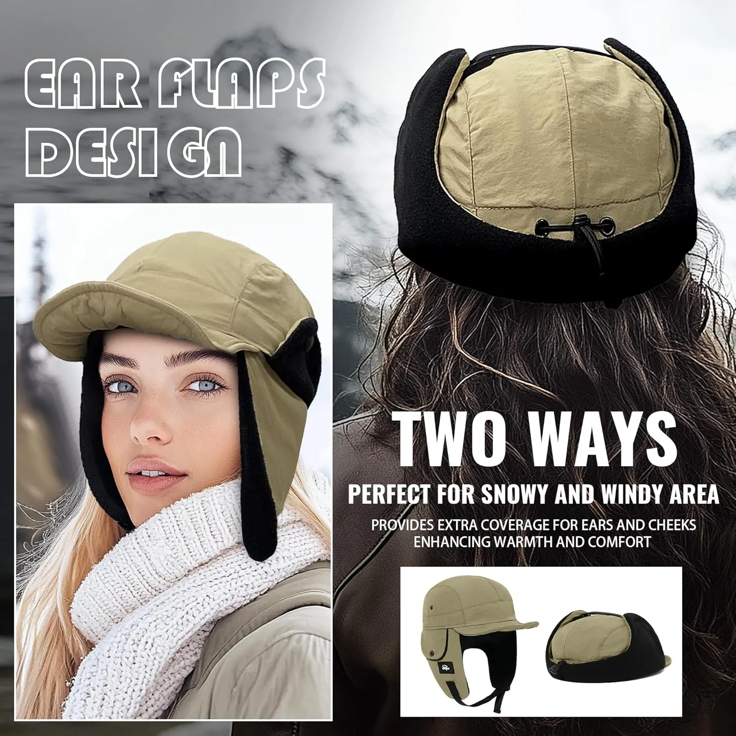 Croogo Men Hunting Ushanka Russian Hats Waterproof Snowboard Ear Flaps Trapper Trooper Hat Eskimo Ski Cap