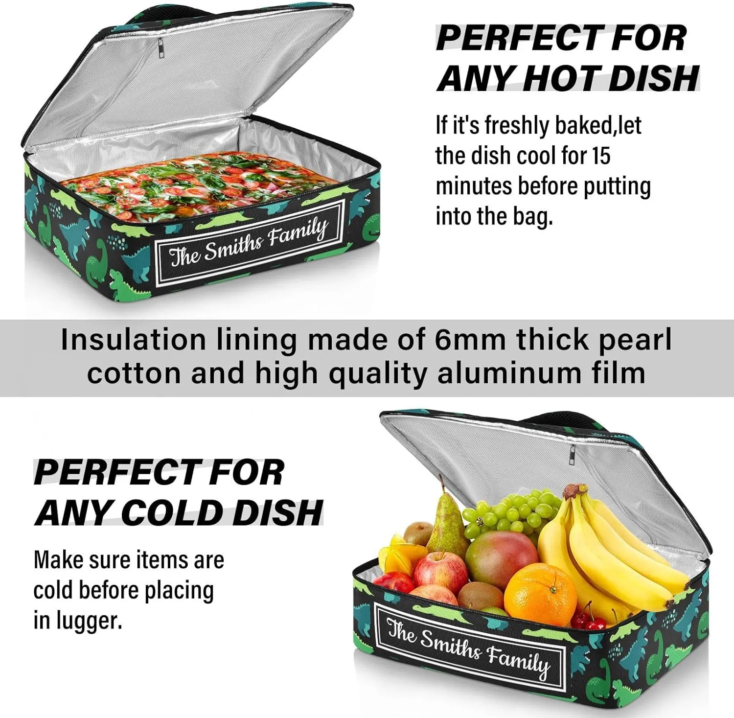Custom Casserole Dish Carrier Bag Cartoon Green Dinosaur Personalized Insulated Casserole Carrier Portable Leakproof Food Carrier for Travel, Potluck Parties, Beach