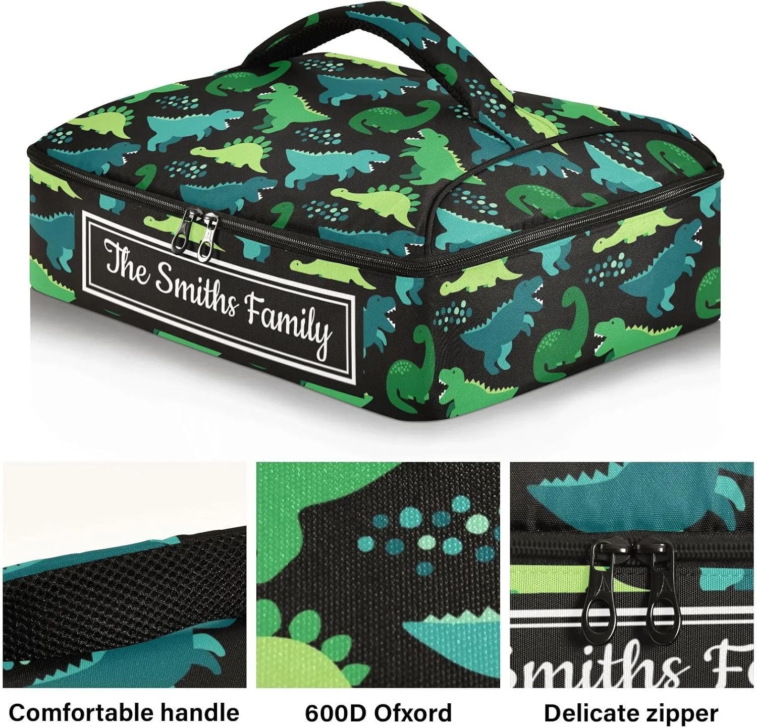 Custom Casserole Dish Carrier Bag Cartoon Green Dinosaur Personalized Insulated Casserole Carrier Portable Leakproof Food Carrier for Travel, Potluck Parties, Beach