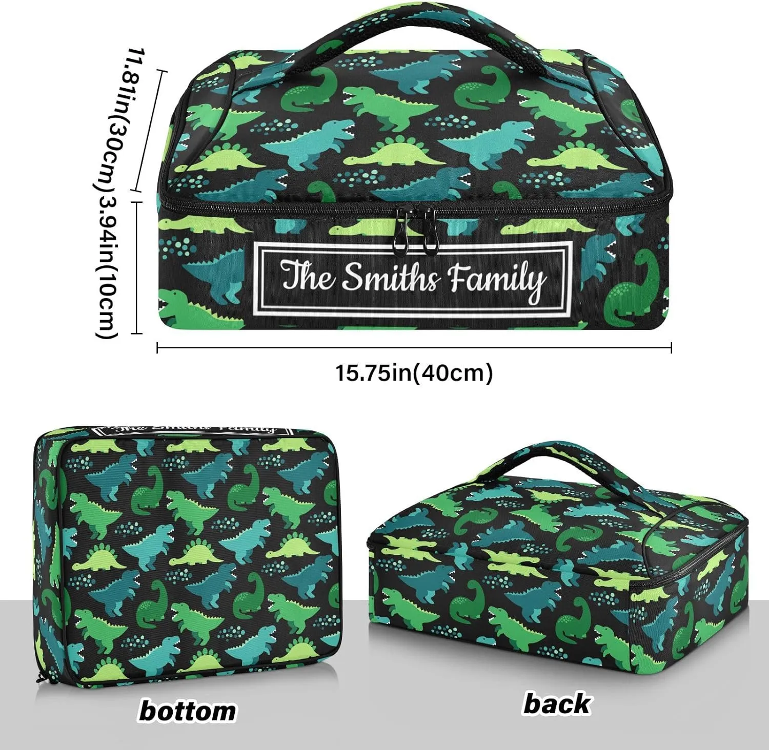 Custom Casserole Dish Carrier Bag Cartoon Green Dinosaur Personalized Insulated Casserole Carrier Portable Leakproof Food Carrier for Travel, Potluck Parties, Beach