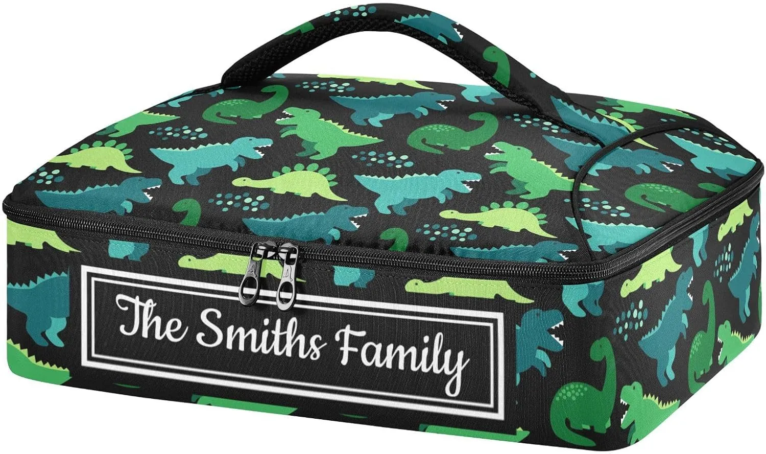 Custom Casserole Dish Carrier Bag Cartoon Green Dinosaur Personalized Insulated Casserole Carrier Portable Leakproof Food Carrier for Travel, Potluck Parties, Beach
