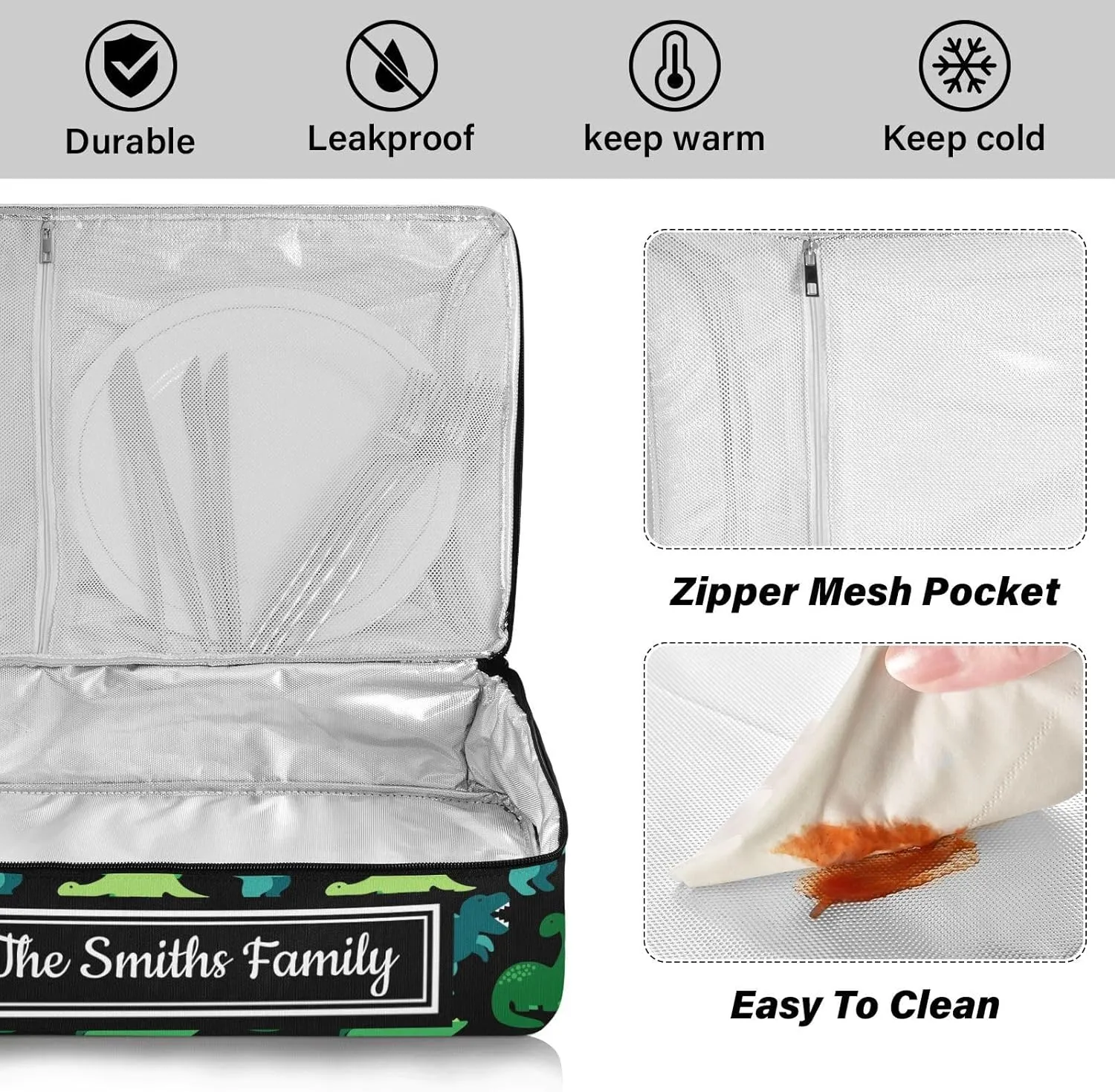 Custom Casserole Dish Carrier Bag Cartoon Green Dinosaur Personalized Insulated Casserole Carrier Portable Leakproof Food Carrier for Travel, Potluck Parties, Beach