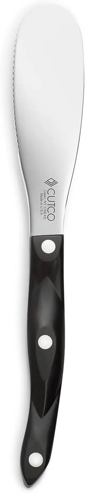 CUTCO Model 1768 Spatula Spreader. . . . . 4.9" Double-D® serrated edge blade..............5.1" Highly engineered thermo-resin handle in Classic Brown (sometimes called Black).