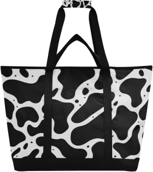 Cute Cow Spots Print Reusable Insulated Lunchbox Cooler Bag, Leakproof Kitchen Grocery Bag Collapsible Portable Cooler Tote Bag for Picnic, Camping, Office, Travel