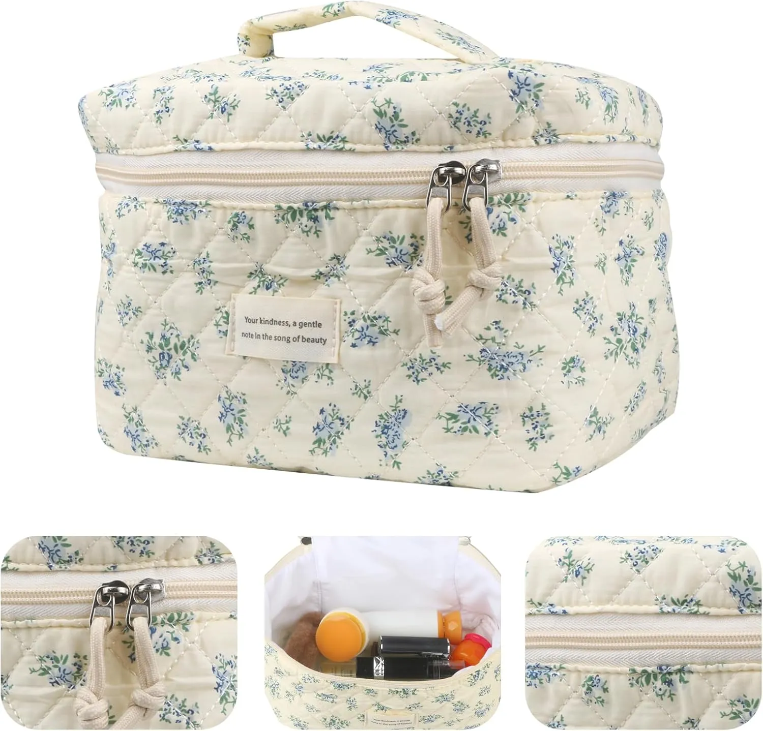Cute Makeup Bag for Women(4 Pcs), Travel Cosmetic Bags, Quilted Coquette Aesthetic Floral Toiletry Organizer Bag (41 - Blue Rose/4PCS)