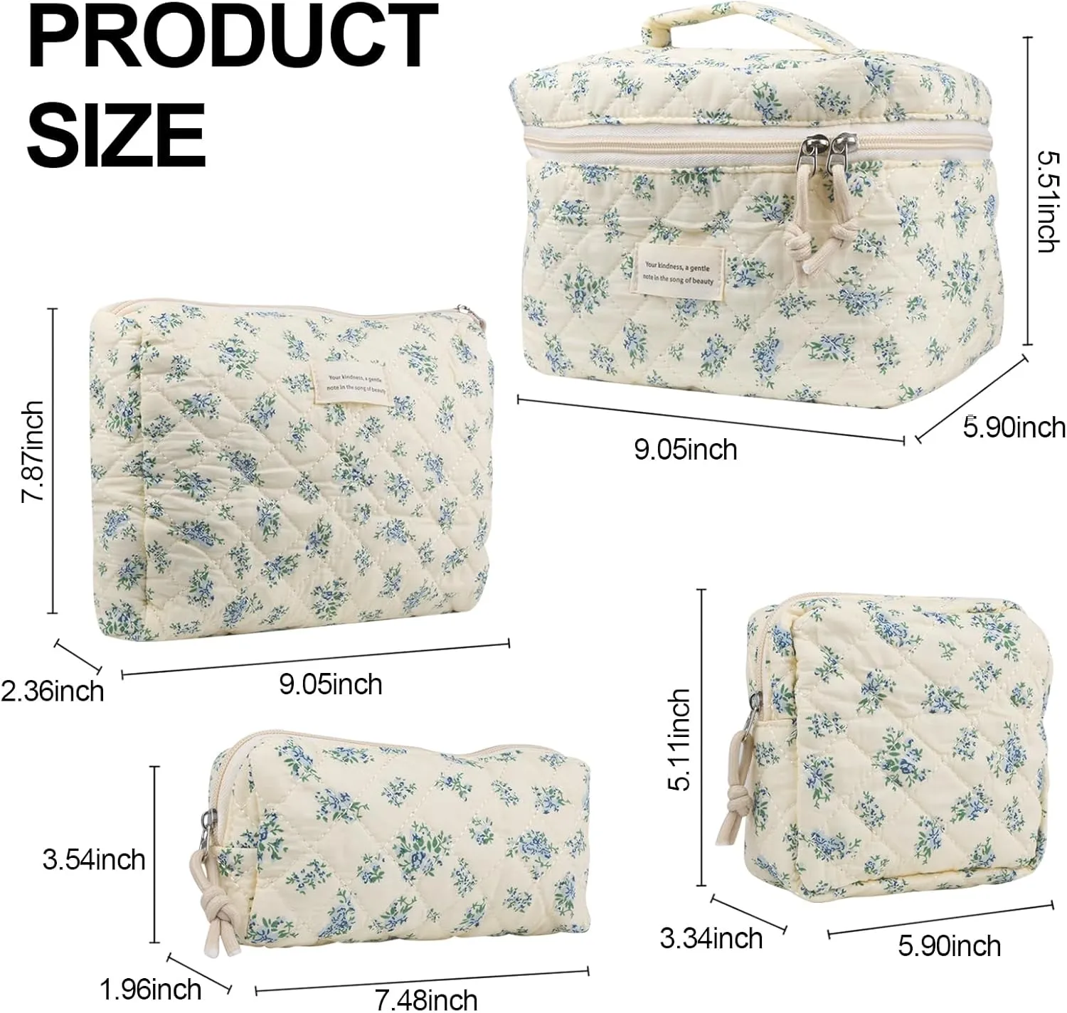 Cute Makeup Bag for Women(4 Pcs), Travel Cosmetic Bags, Quilted Coquette Aesthetic Floral Toiletry Organizer Bag (41 - Blue Rose/4PCS)