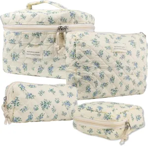 Cute Makeup Bag for Women(4 Pcs), Travel Cosmetic Bags, Quilted Coquette Aesthetic Floral Toiletry Organizer Bag (41 - Blue Rose/4PCS)