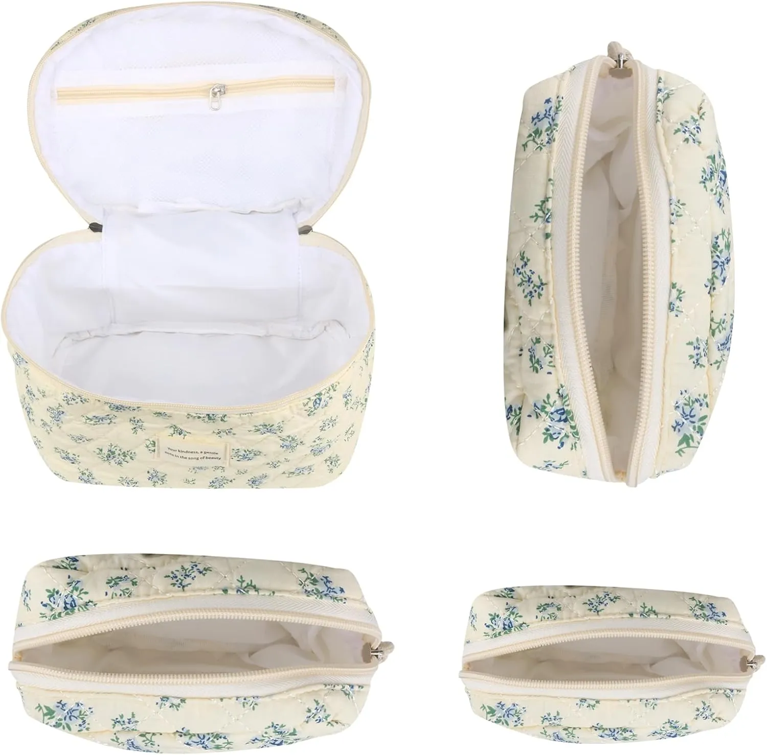 Cute Makeup Bag for Women(4 Pcs), Travel Cosmetic Bags, Quilted Coquette Aesthetic Floral Toiletry Organizer Bag (41 - Blue Rose/4PCS)