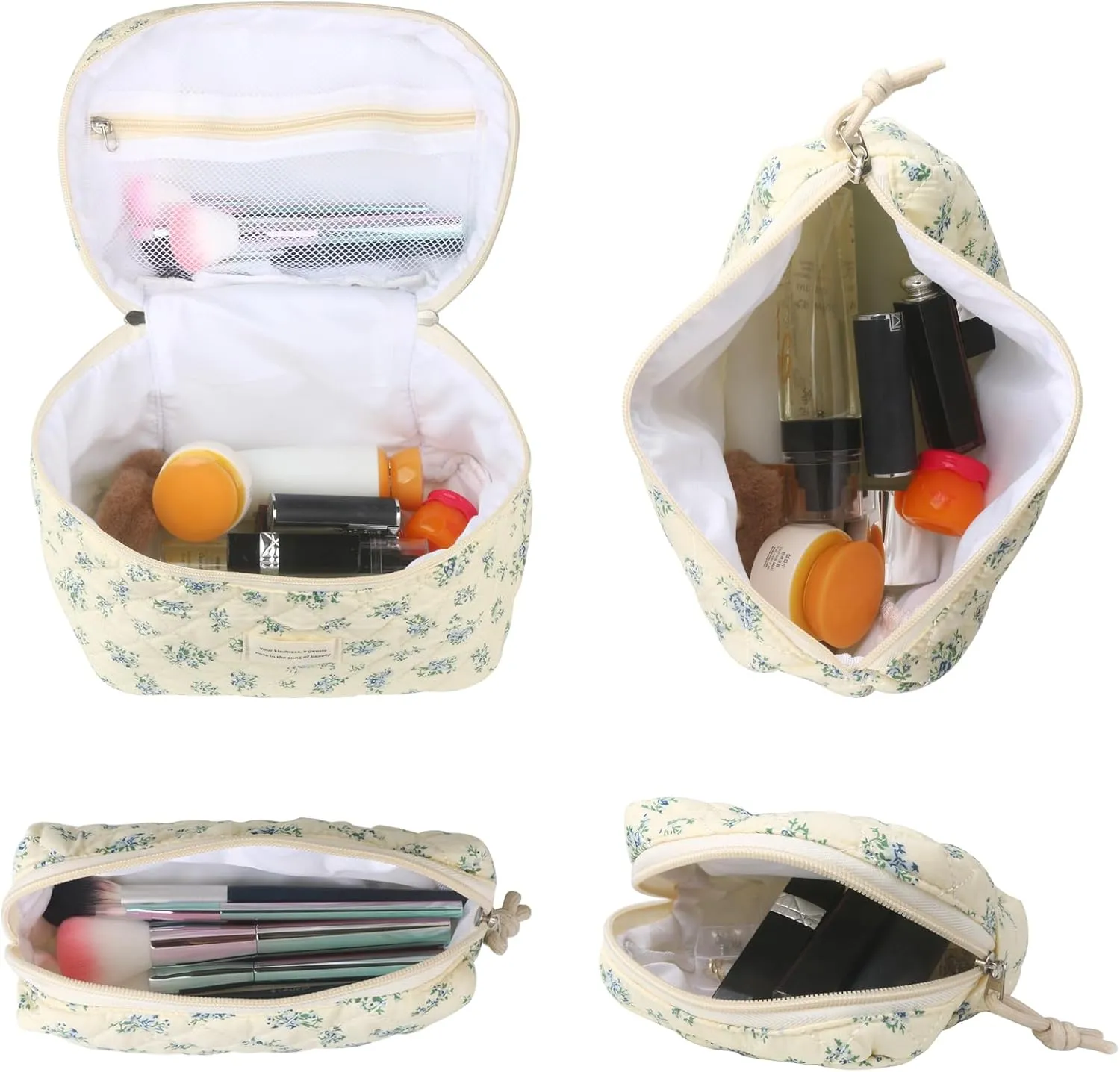 Cute Makeup Bag for Women(4 Pcs), Travel Cosmetic Bags, Quilted Coquette Aesthetic Floral Toiletry Organizer Bag (41 - Blue Rose/4PCS)
