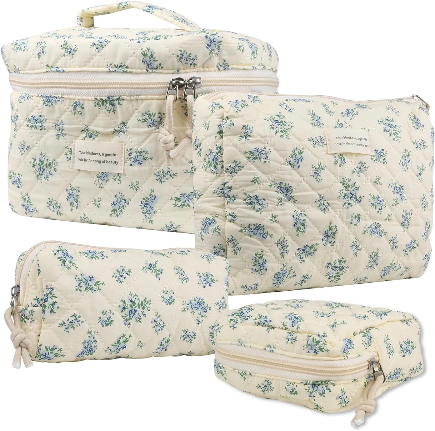 Cute Makeup Bag for Women(4 Pcs), Travel Cosmetic Bags, Quilted Coquette Aesthetic Floral Toiletry Organizer Bag (41 - Blue Rose/4PCS)