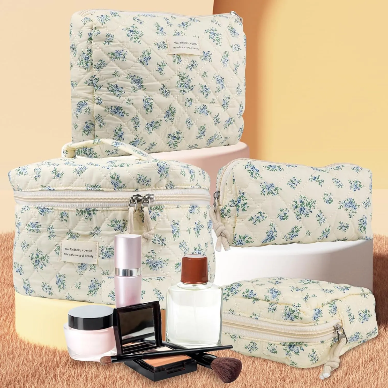 Cute Makeup Bag for Women(4 Pcs), Travel Cosmetic Bags, Quilted Coquette Aesthetic Floral Toiletry Organizer Bag (41 - Blue Rose/4PCS)