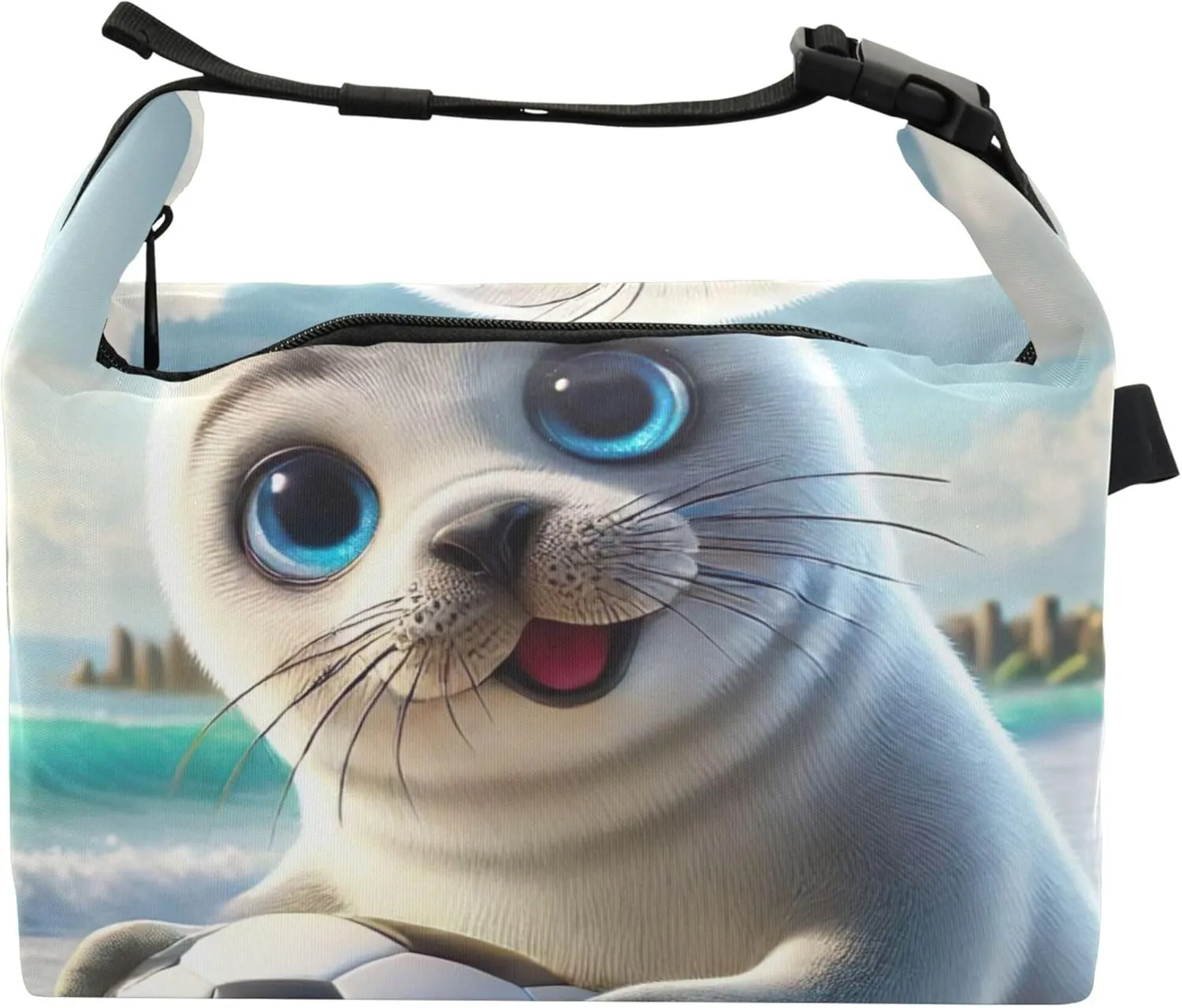 Cute Seal Beach Personalized Lunch Bag for Women Girls Adjustable Shoulder Strap Lunchbag for Work Animal Print Insulated