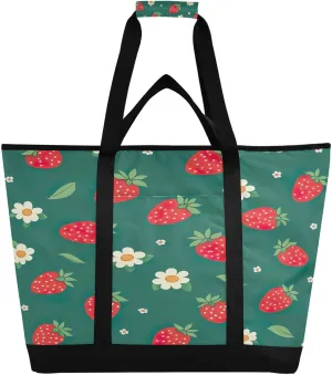 Cute Strawberries Reusable Insulated Lunchbox Cooler Bag, Leakproof Kitchen Grocery Bag Collapsible Portable Cooler Tote Bag for Picnic, Camping, Office, Travel