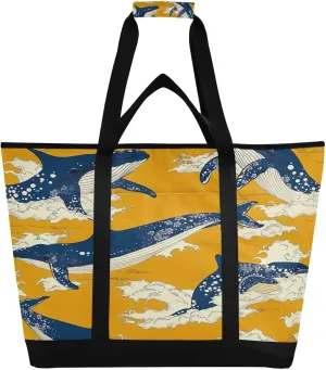 Cute Whale Reusable Insulated Lunchbox Cooler Bag, Leakproof Kitchen Grocery Bag Collapsible Portable Cooler Tote Bag for Picnic, Camping, Office, Travel