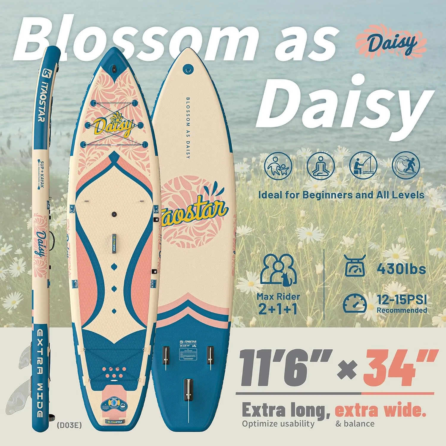 Daisy 11'6’ × 35” Extra Wide Paddle Board with Seat, One-Stop Premium SUP Board Accessories, Tailored 5 Fins, Stable Stand Up Paddle Boards for Youth of All Skill Levels
