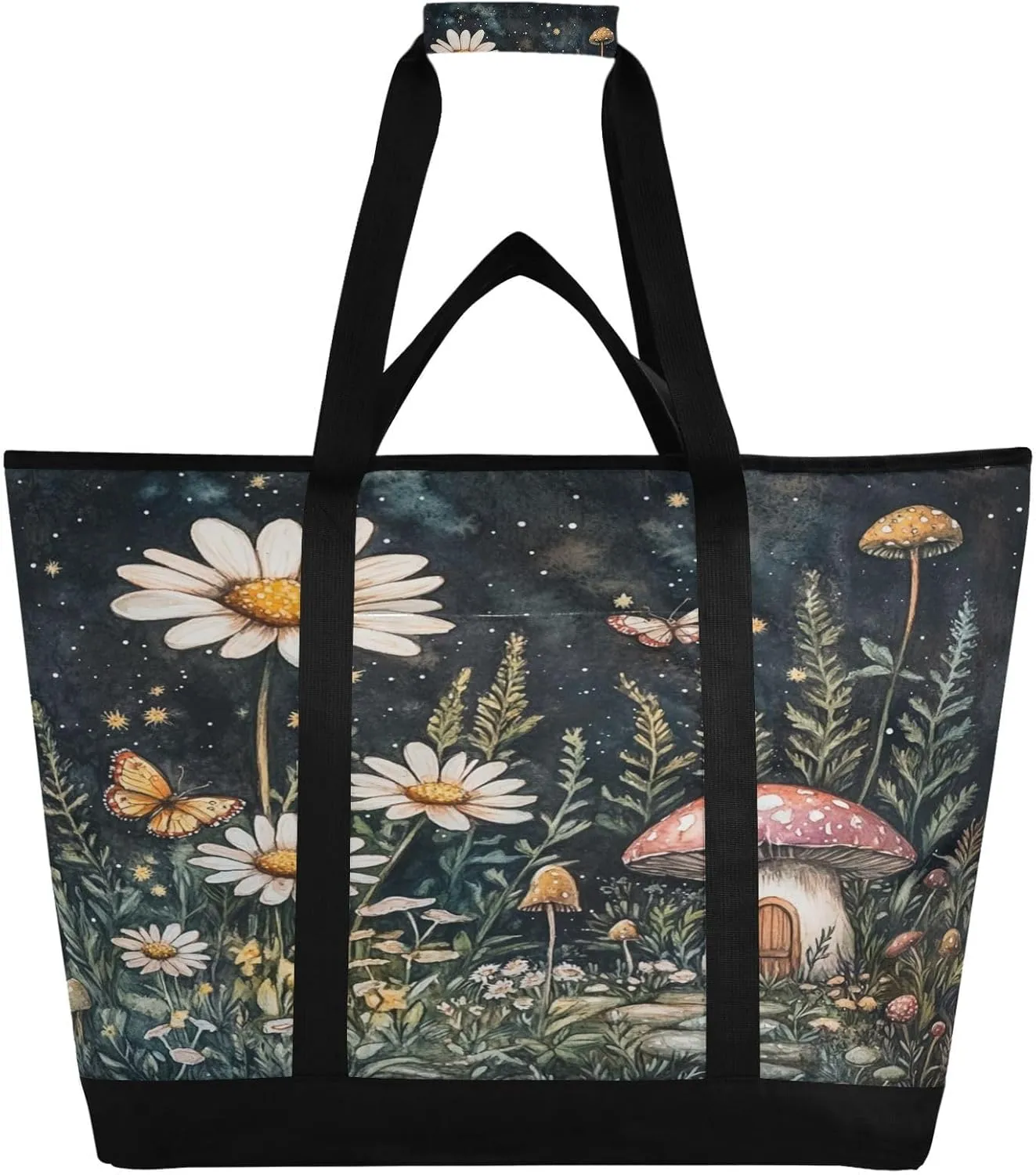 Daisy Mushroom Reusable Insulated Lunchbox Cooler Bag, Leakproof Kitchen Grocery Bag Collapsible Portable Cooler Tote Bag for Picnic, Camping, Office, Travel