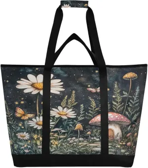 Daisy Mushroom Reusable Insulated Lunchbox Cooler Bag, Leakproof Kitchen Grocery Bag Collapsible Portable Cooler Tote Bag for Picnic, Camping, Office, Travel