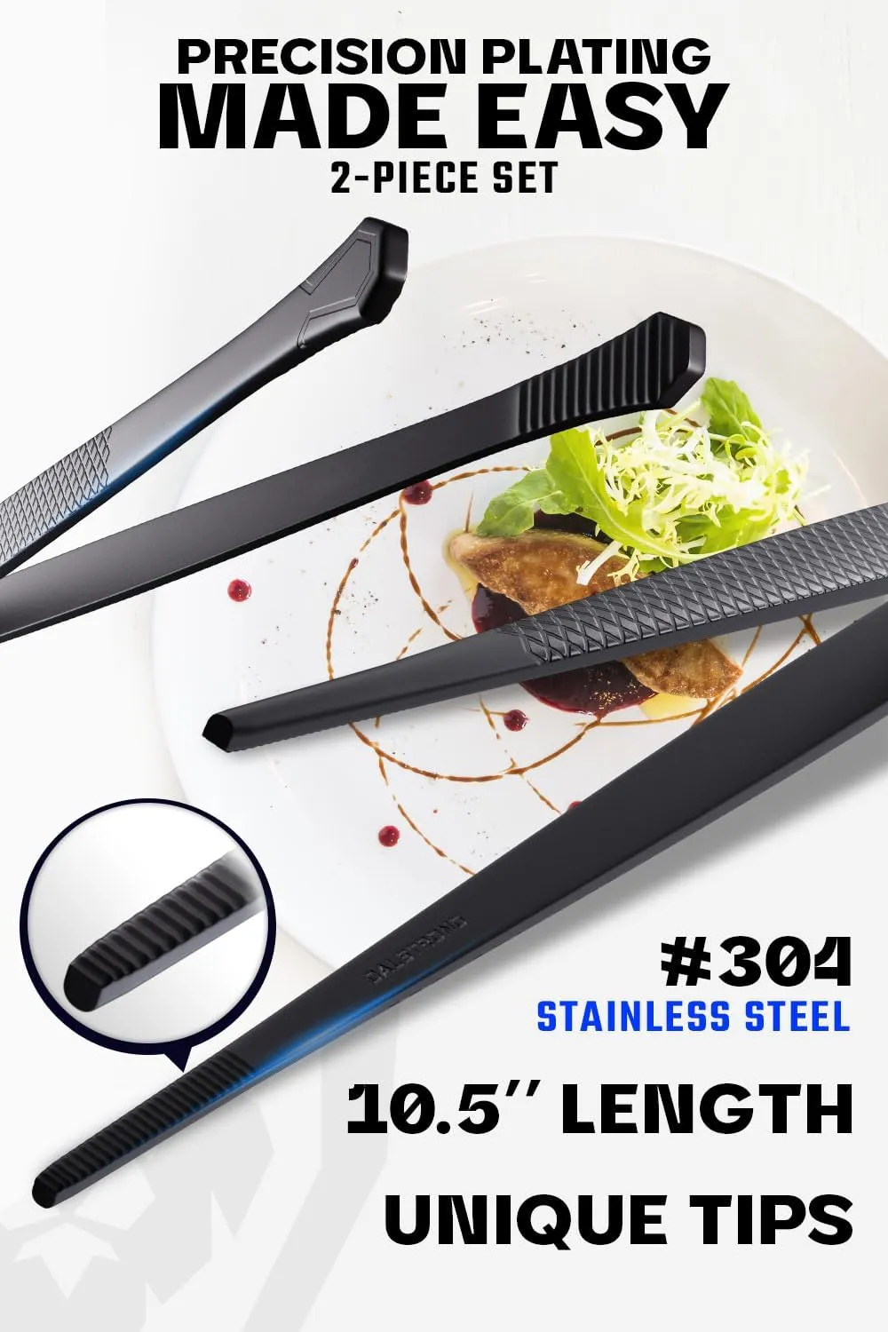 DALSTRONG Professional Plating Tweezers - 2 Piece Set - 10 inch Straight Wide Tip High-Precision - Black Titanium Coating - Plating, Multi-use - 304 Stainless Steel - Culinary Fine Use - Kitchen Tongs