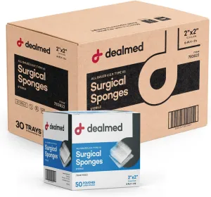 Dealmed 2" x 2" All Gauze Surgical Sponges, 8-Ply Sterile Woven Gauze Pad Wound Care for First Aid Kit and Medical Facilities, 2 Sponges/Pouch, 50 Pouches/Box (Case of 30)