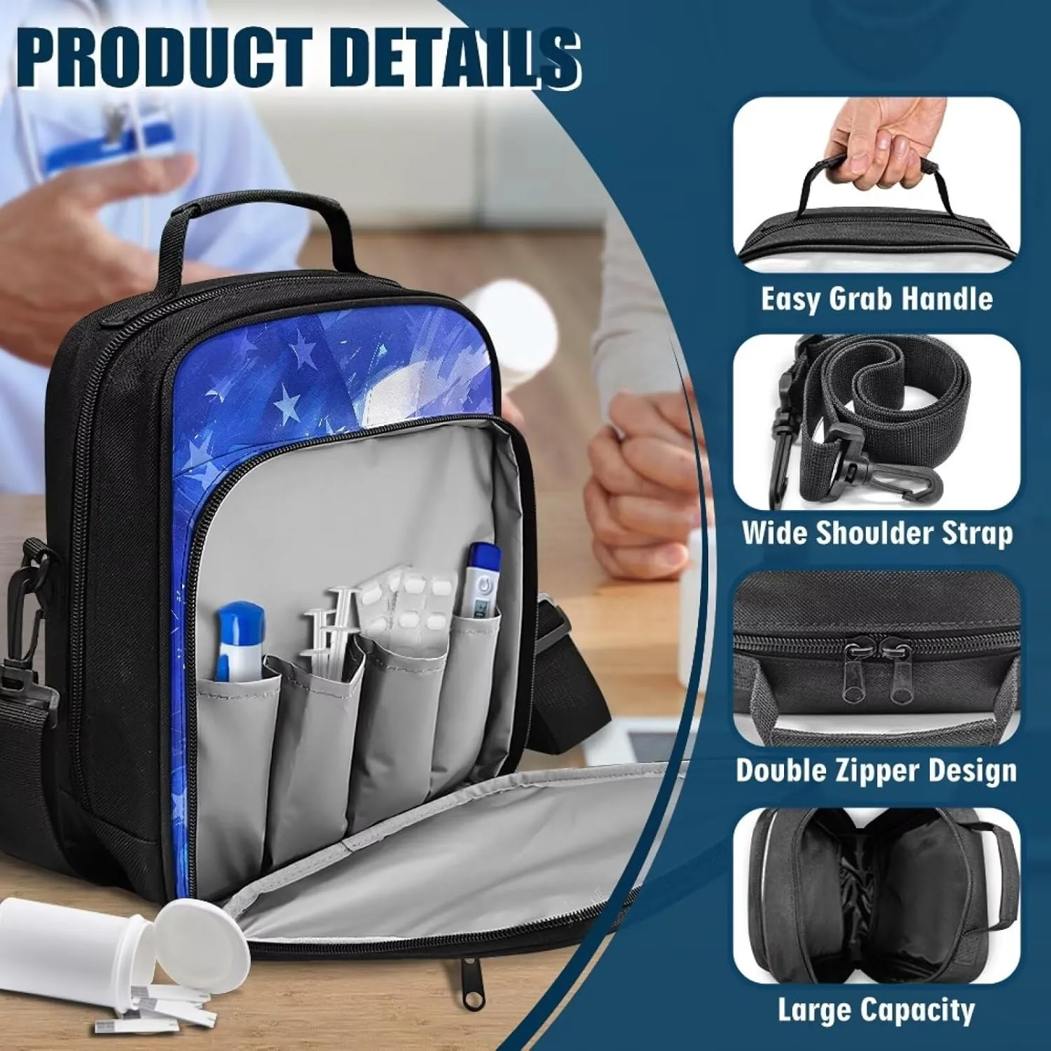 Diabetic Supplies Travel Bag, American Flag Insulin Travel Case, Diabetes Storage Bag with Adjustable Shoulder Strap