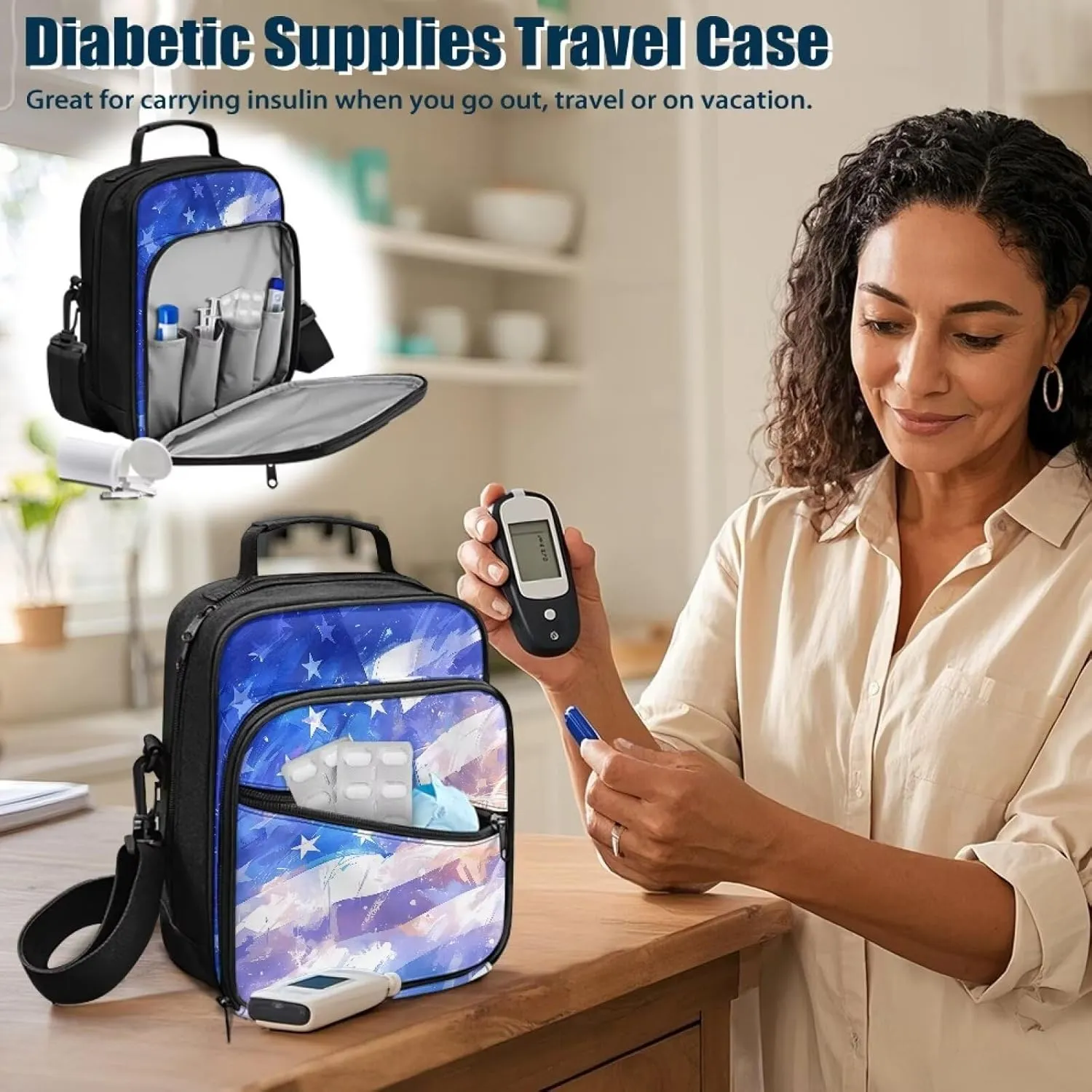 Diabetic Supplies Travel Bag, American Flag Insulin Travel Case, Diabetes Storage Bag with Adjustable Shoulder Strap