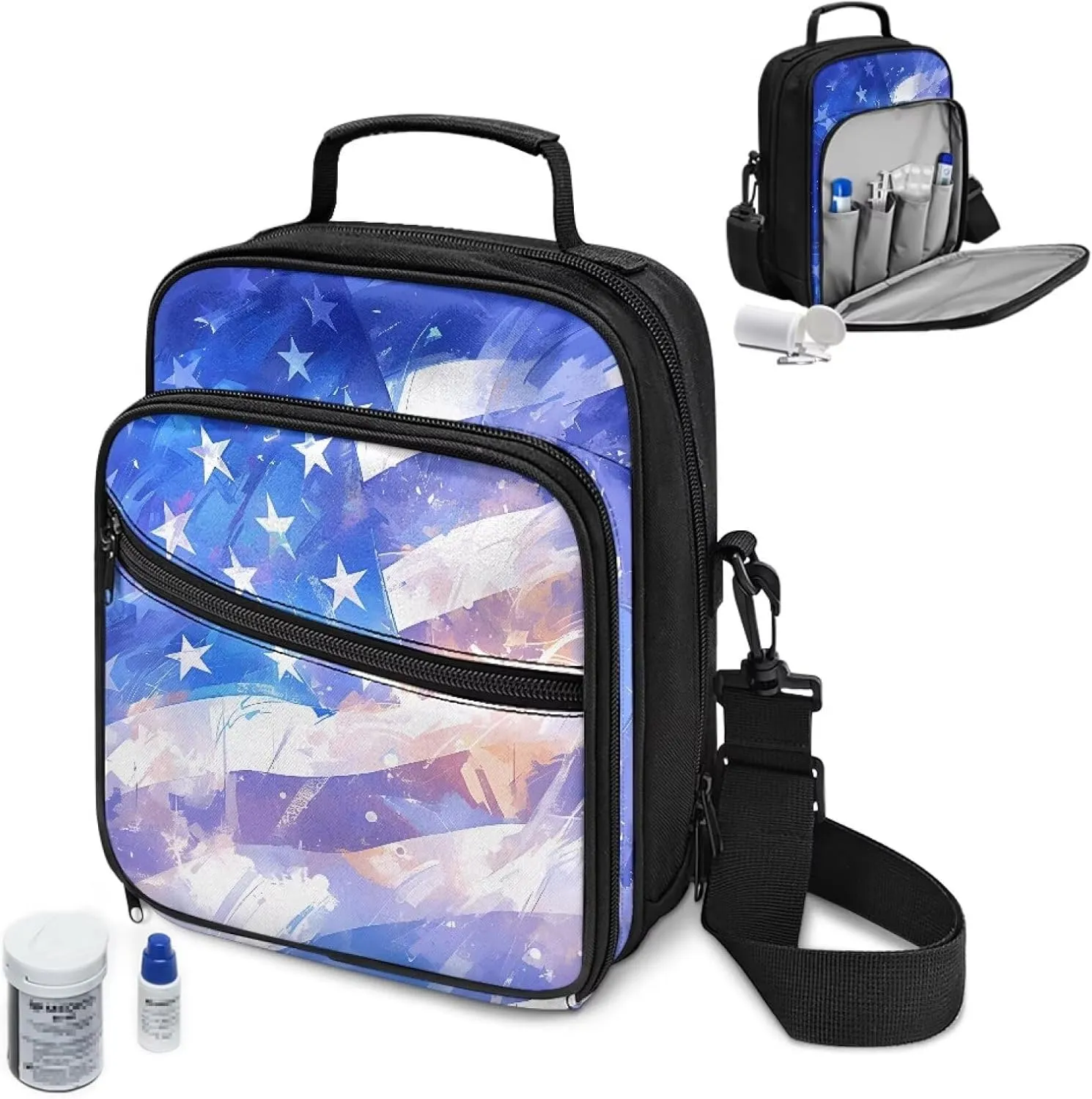 Diabetic Supplies Travel Bag, American Flag Insulin Travel Case, Diabetes Storage Bag with Adjustable Shoulder Strap