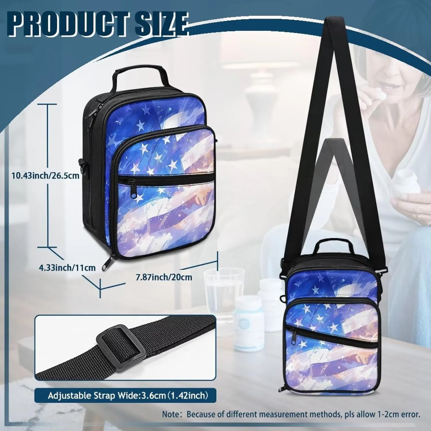 Diabetic Supplies Travel Bag, American Flag Insulin Travel Case, Diabetes Storage Bag with Adjustable Shoulder Strap