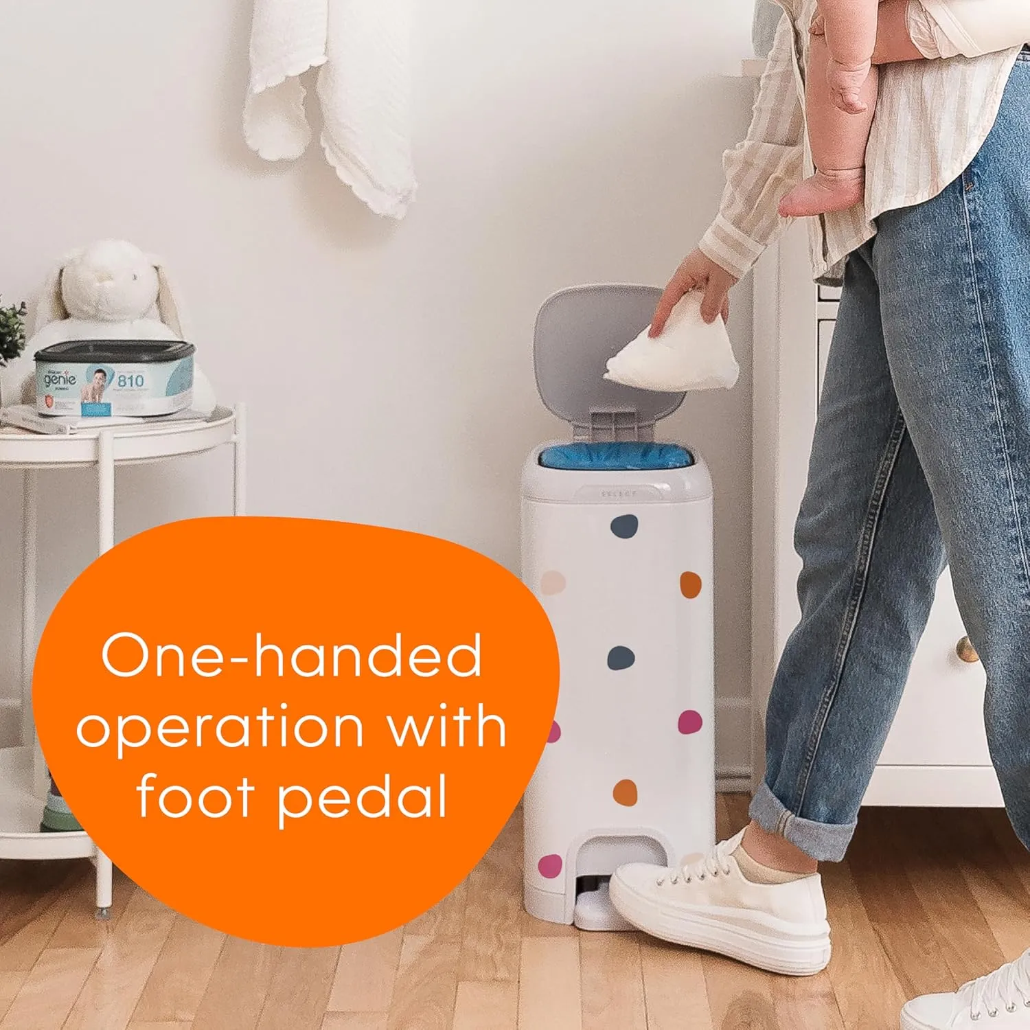 Diaper Genie Select Pail (Multi-Color Polka Dot) is Made of Durable Stainless Steel and Includes 1 Starter Square Refill That can Hold up to 165 Newborn-Sized Diapers.