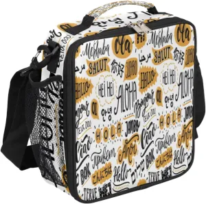 Different Cultural Words Lunch Bag With Shoulder Strap and Mesh PocketsLanguage Pattern Reusable Insulated Lunch box Cooler Bag for Women Men Office Outdoor Work Picnic