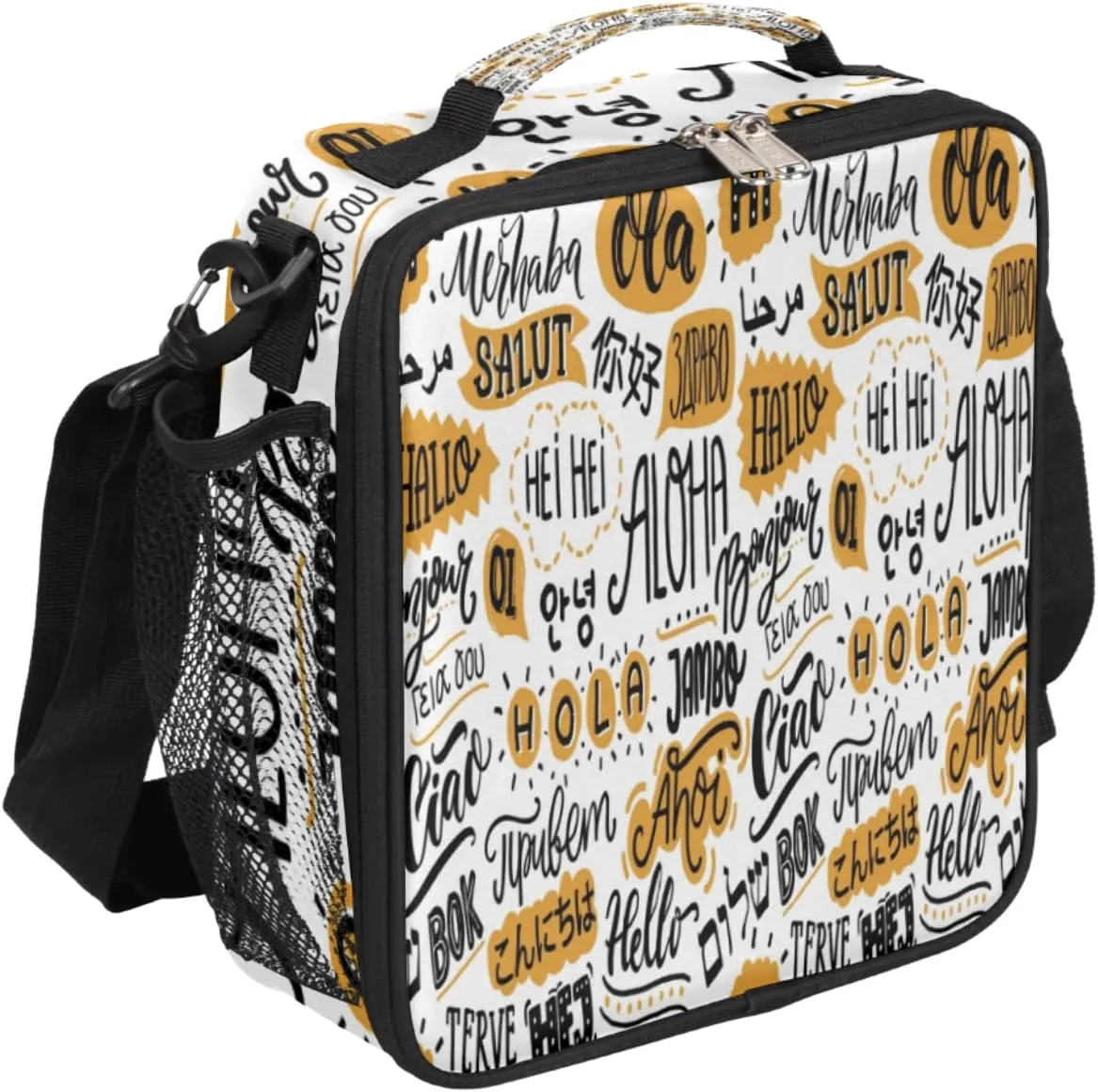 Different Cultural Words Lunch Bag With Shoulder Strap and Mesh PocketsLanguage Pattern Reusable Insulated Lunch box Cooler Bag for Women Men Office Outdoor Work Picnic