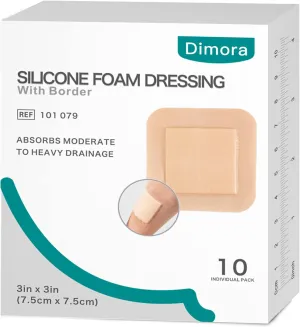 Dimora Silicone Foam Dressing with Border Adhesive 3"x3" Waterproof Wound Dressing First Aid Bandage for Wound Care 10 Pack(FSA/HSA Approved)